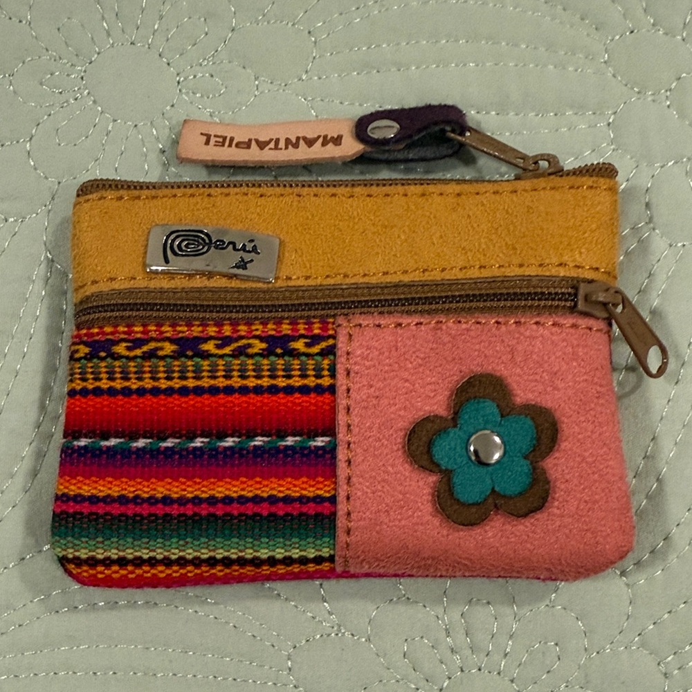 Artisanal Peruvian Multicolor Woven Coin Purse + Suede Leather Panel | Zip Pouch